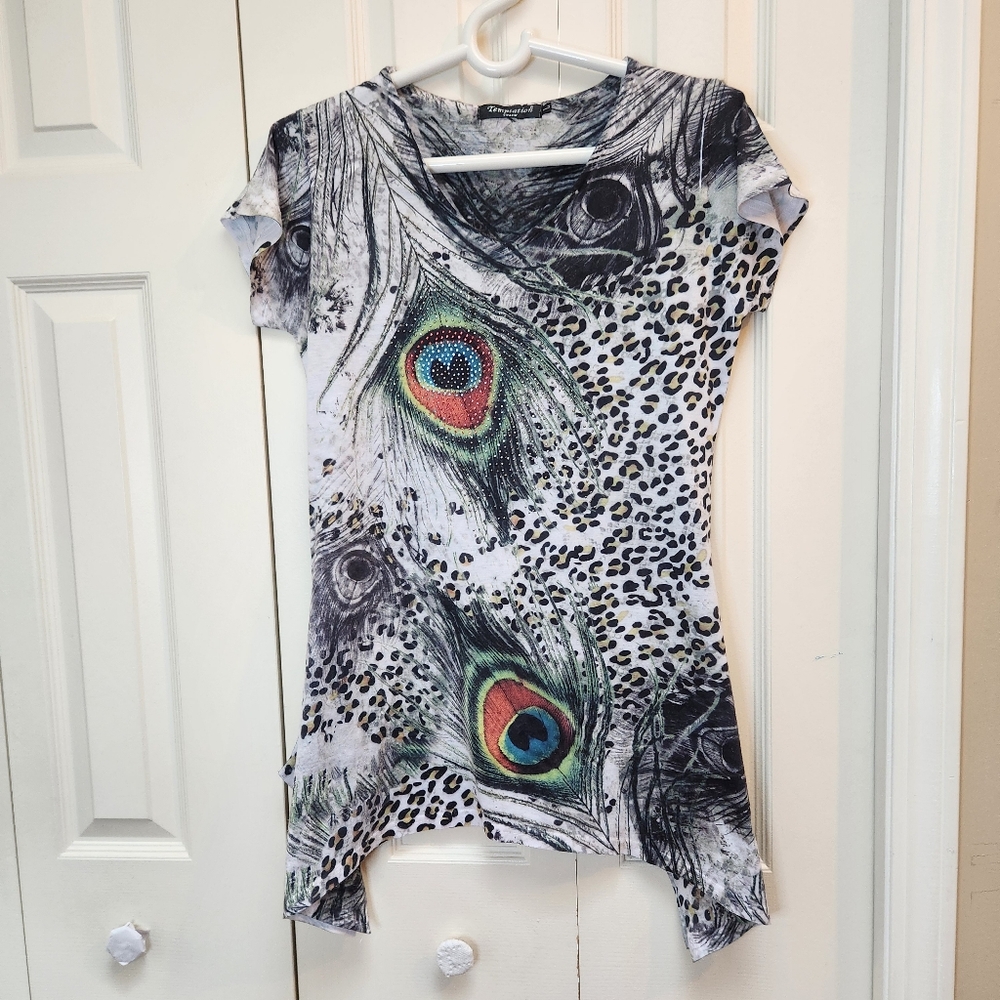 [L] Temptation Peacock Feather Print Tunic Top Large Cap Sleeves Avant Garde